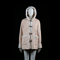 Okay - Duffle coat - Beige & Ivory - Size 40 - Hooded coat with toggle closures and exposed shearling trim along the front opening, cuffs, hood, and pocket flaps. Features front patch pockets and visible panel stitching.