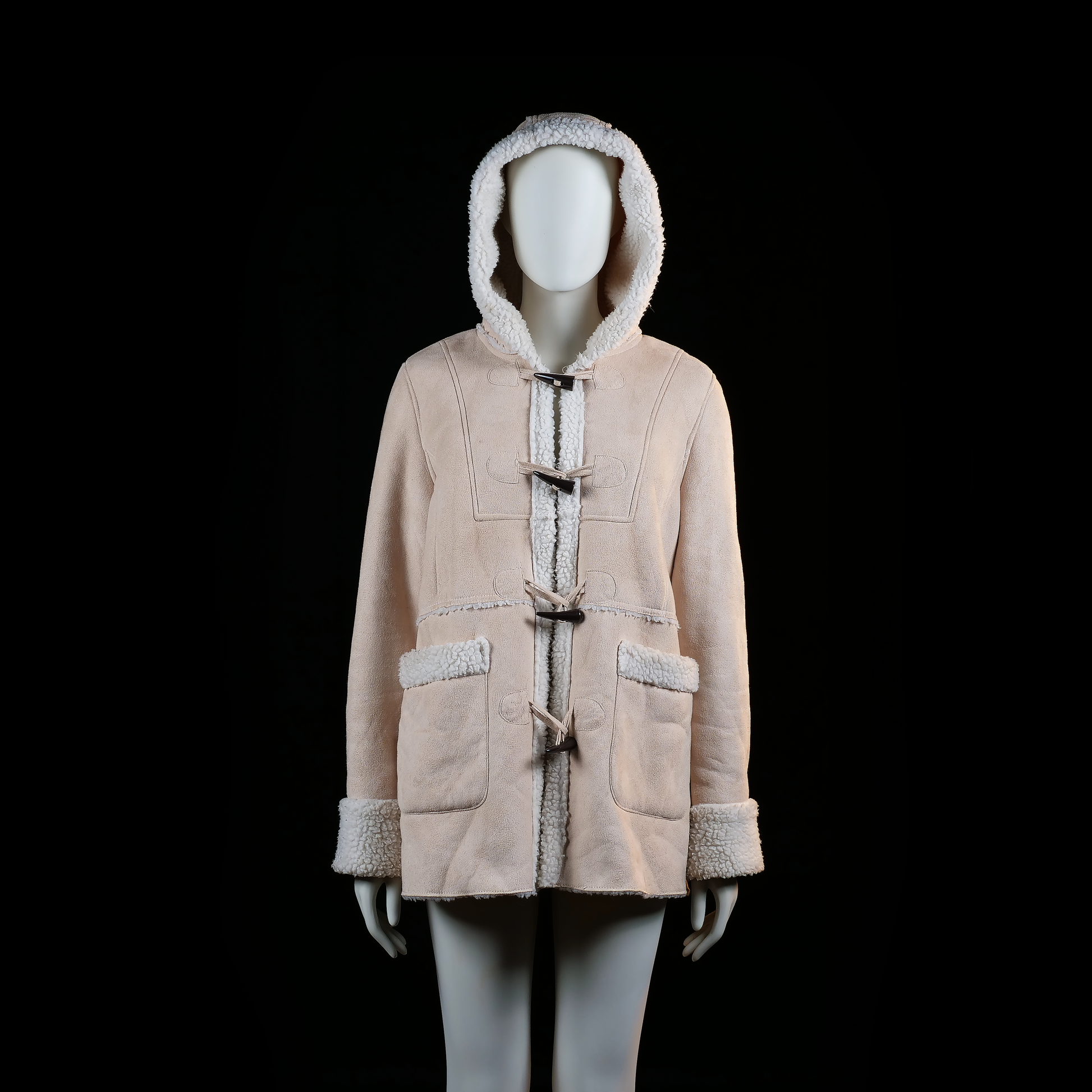 Okay - Duffle coat - Beige & Ivory - Size 40 - Hooded coat with toggle closures and exposed shearling trim along the front opening, cuffs, hood, and pocket flaps. Features front patch pockets and visible panel stitching.