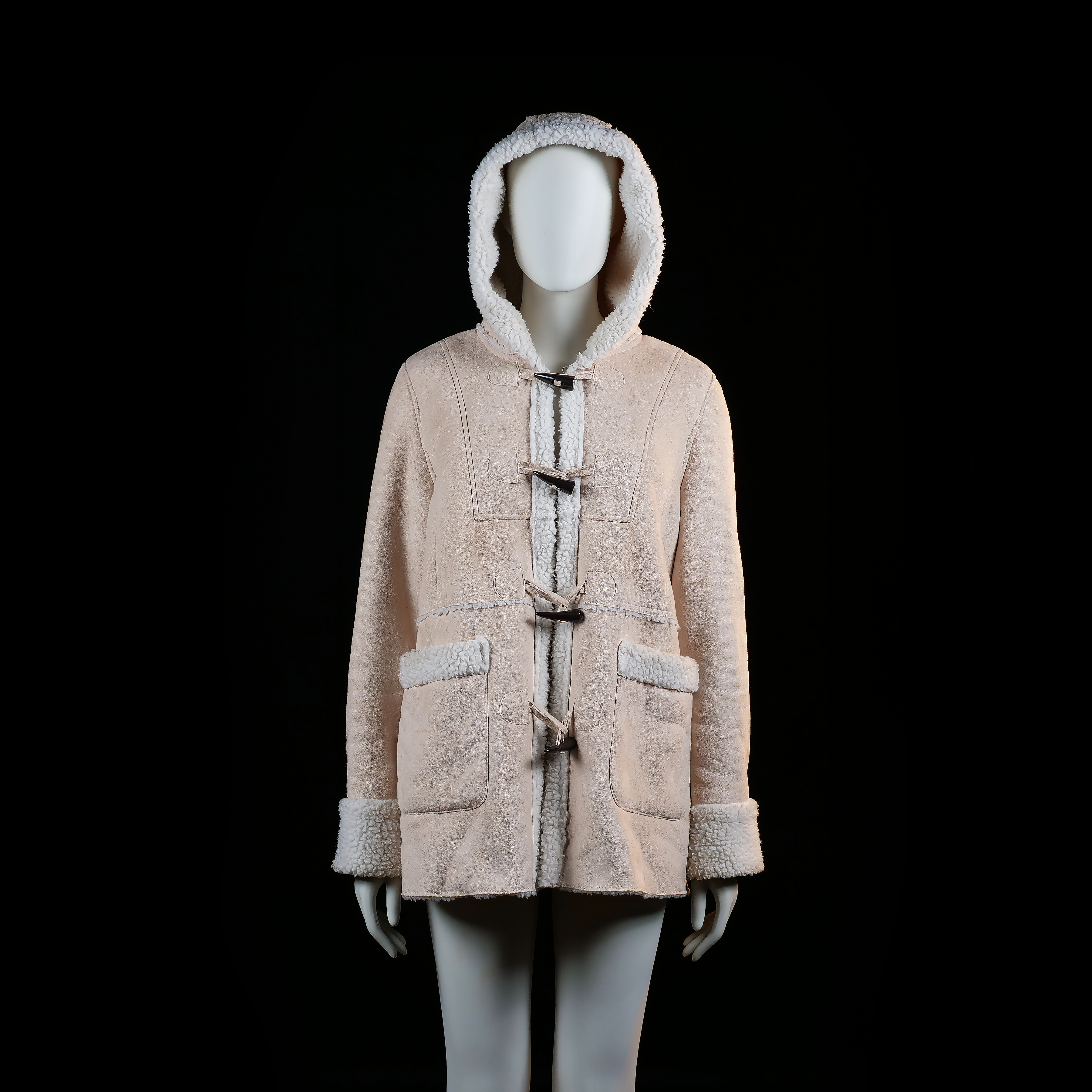 Okay - Duffle coat - Beige & Ivory - Size 40 - Hooded coat with toggle closures and exposed shearling trim along the front opening, cuffs, hood, and pocket flaps. Features front patch pockets and visible panel stitching.