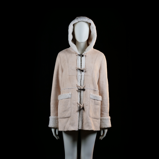 Okay - Duffle coat - Beige & Ivory - Size 40 - Hooded coat with toggle closures and exposed shearling trim along the front opening, cuffs, hood, and pocket flaps. Features front patch pockets and visible panel stitching.