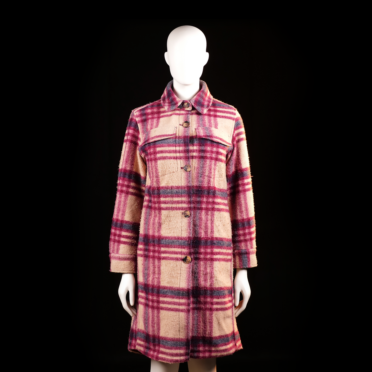 H&M - Overcoat - Beige & Burgundy - Size XS - Long plaid-patterned coat with pink, red, and blue stripes on a beige base. Features a button front, pointed collar, buttoned cuffs, and a flap chest pocket.