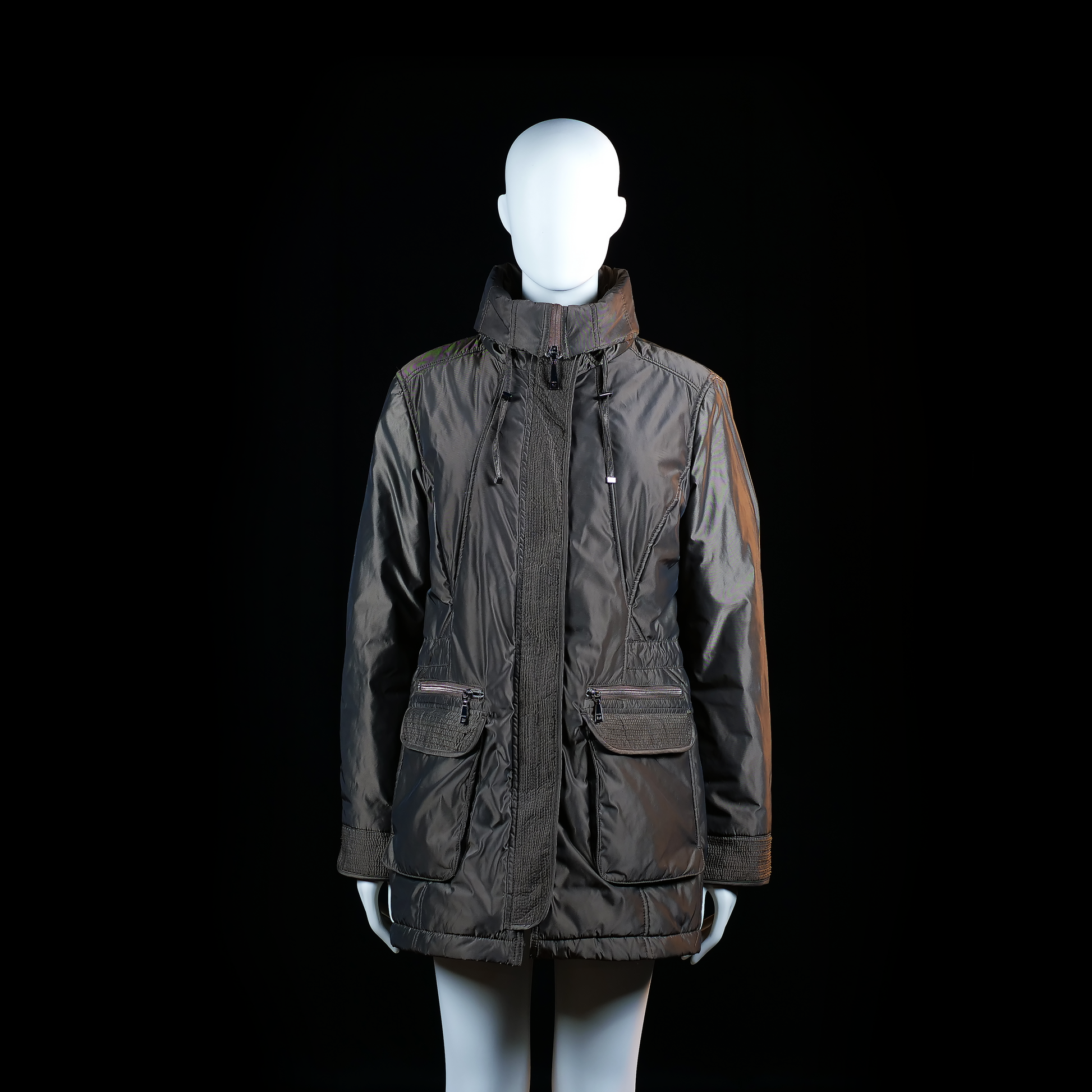 Rabe - Parka - Dark Gray - Size 42 - Long, slightly padded jacket with stand collar, zip and flap closure, and drawstring at the waist and neck. Features large flap pockets with zippers and ribbed cuffs.