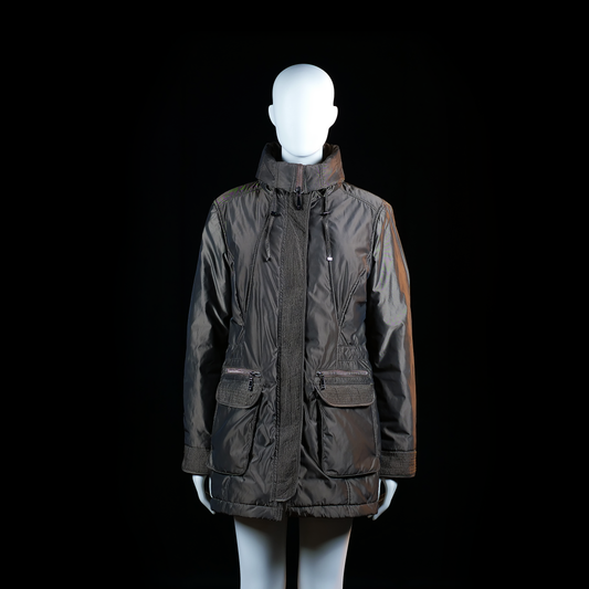 Rabe - Parka - Dark Gray - Size 42 - Long, slightly padded jacket with stand collar, zip and flap closure, and drawstring at the waist and neck. Features large flap pockets with zippers and ribbed cuffs.