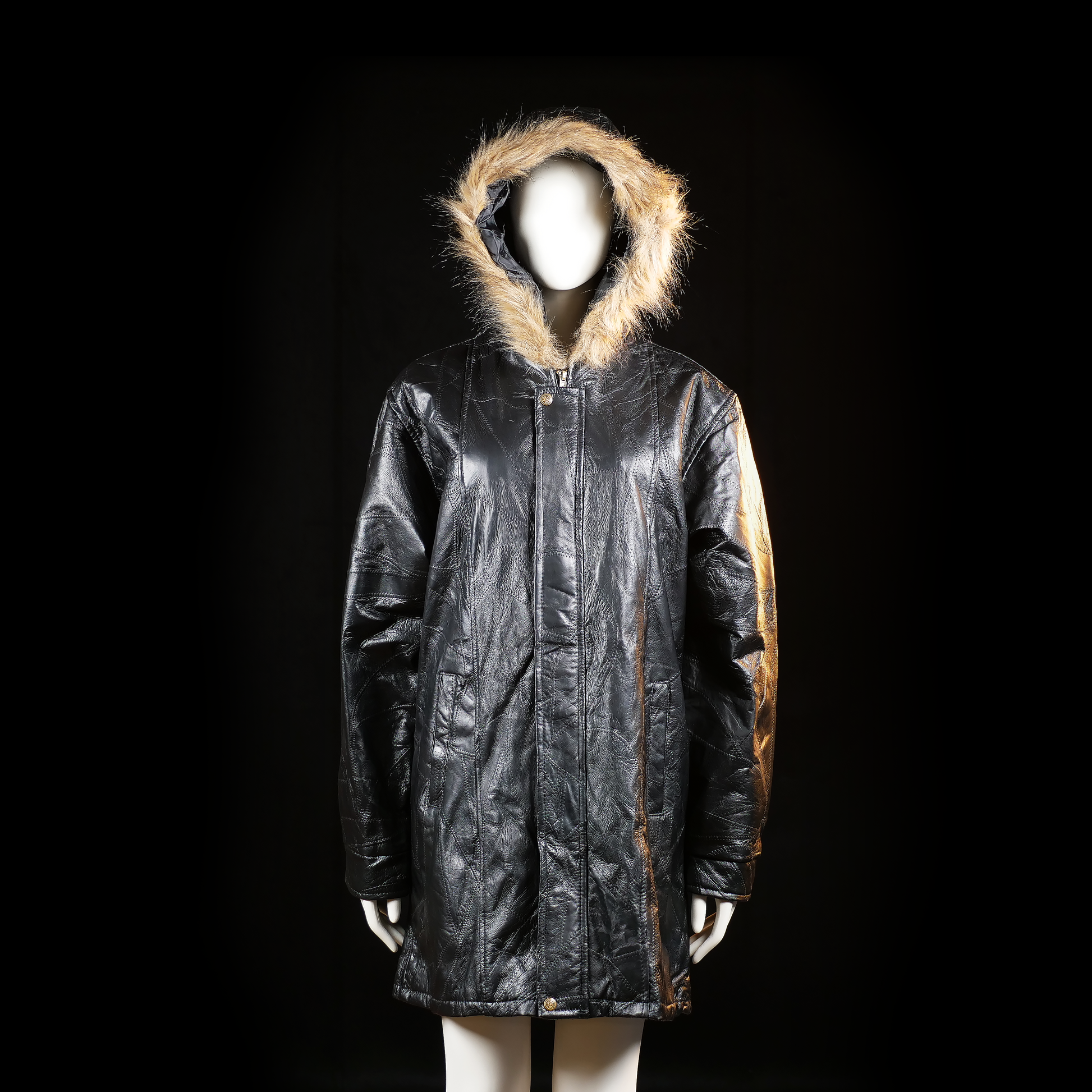 Parka - Black & Camel - Size XXL - Long-length outerwear with a front zip closure and a faux fur-trimmed hood. The jacket has a leather-like texture with vertical seam detailing and flap welt pockets.